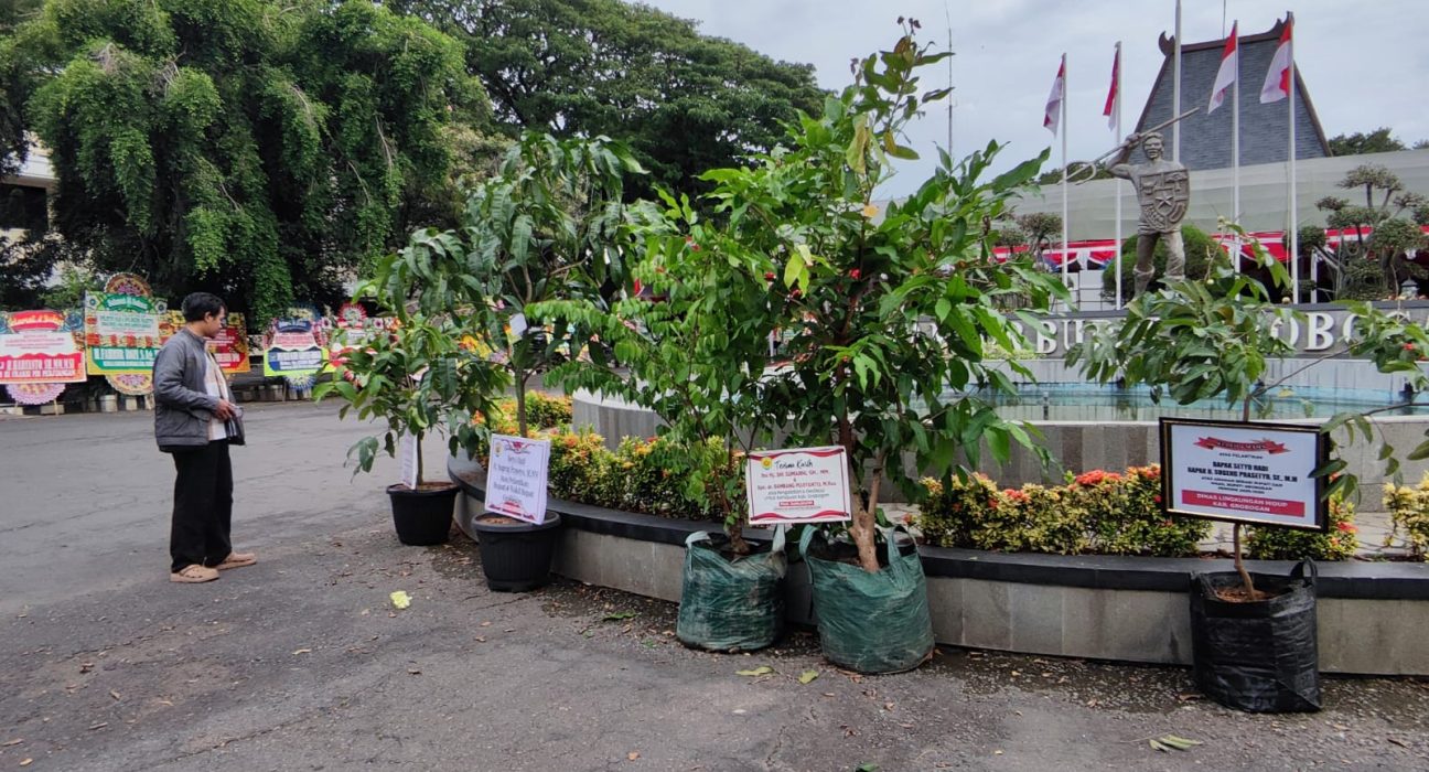 Sejumlah ucapan berupa bibit tanaman tertata di area Pendopo Kabupaten Grobogan, Jawa Tengah. (Ahmad Abror | Mantranews.id)
