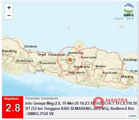 Titik gempa yang terjadi Pringapus, Kabupaten Semarang, pada Senin (19/5/2025) siang. (BMKG A. Yani | Mantranews.id)