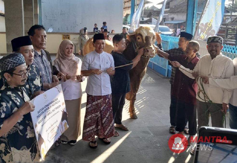 Bupati Kudus Sam'ani INtakoris menyerahkan sapi kurban milik Presiden Prabowo Subianto pada Takmir Masjid Darul Muttaqin, Desa Pasuruan Lor, Kecamatan Kaliwungu, Kabupaten Kudus. (Fahtur Rohman | Mantranews.id)
