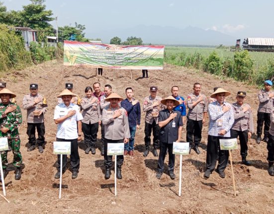 Jajaran DPRD, Polresta, dan stakeholder Kabupaten Pati mengikuti penanaman jagung serentak sebagai upaya ketahanan pangan dan pemanfaatan lahan tidur.